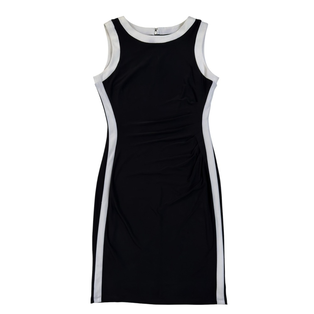 Chaps Sheath Dress M Black White Ruched Sleeveless Mod Officecore Cocktail